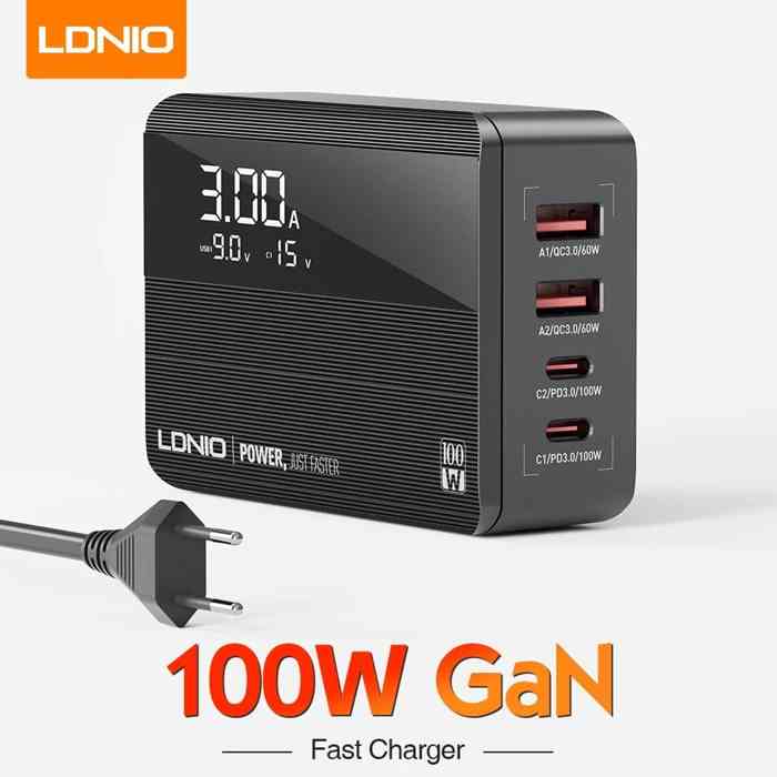 LDNIO A4809C GaN 100W USB-C Fast Charging 4 Port Adapter Wall Chargers with Voltage Display Desktop Charger